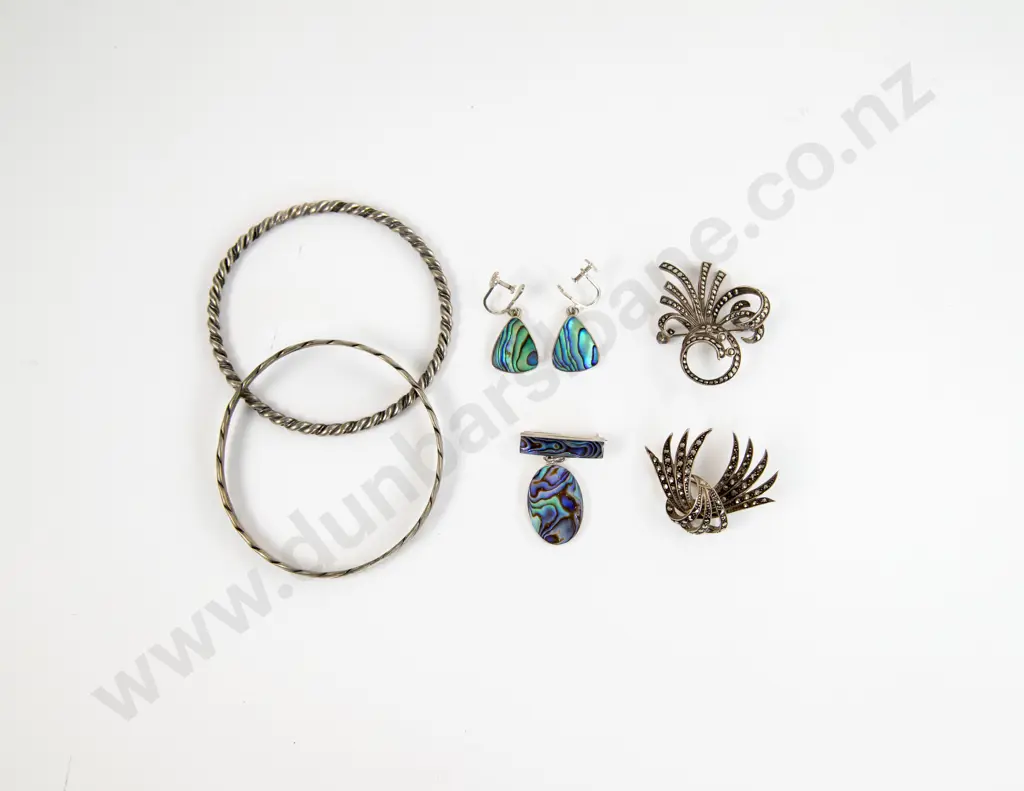 Two S/S Marcasite Brooches Paua Brooch and Earrings with Two Bangles Image 1++