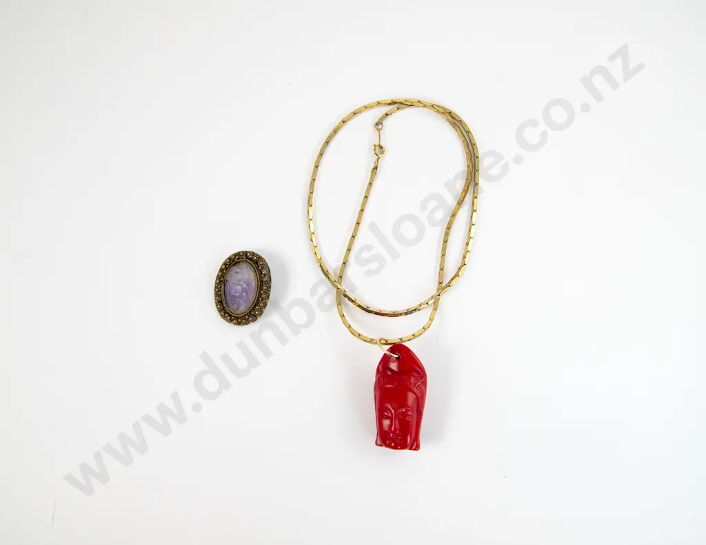 Bamboo Coral Budha Head Pendant and Amethyst Brooch Image 1++