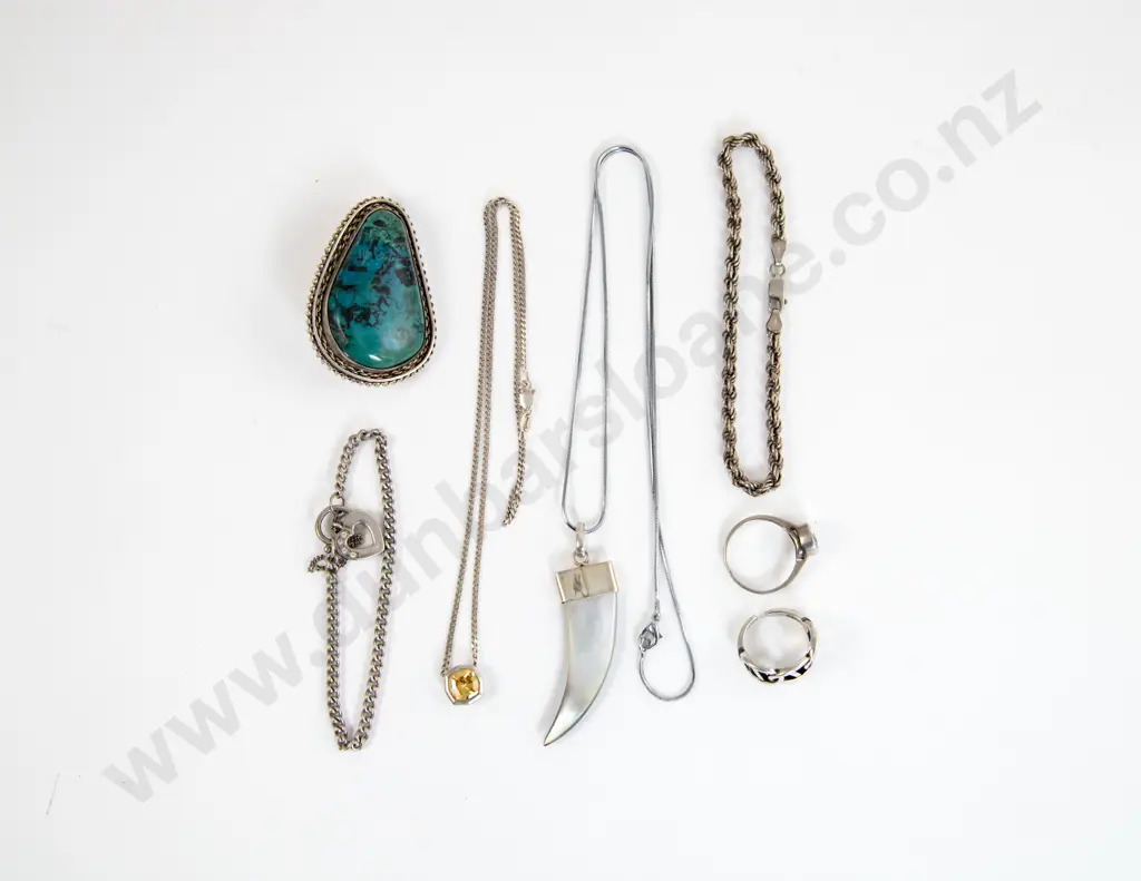 S/S and Turquoise Brooch with Two Bracelets and Two Pendants on Chain and Two Rings Image 1++