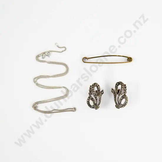 Pair S/S Marcasite Earring with Fine S/S Chain and Plated Pin Brooch