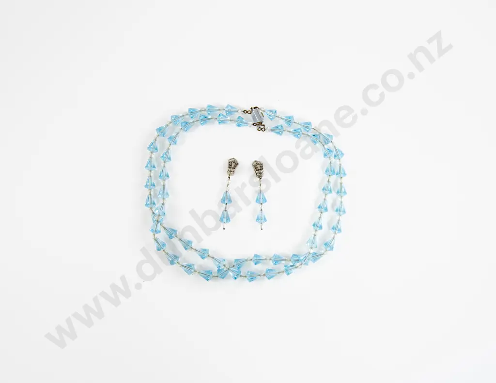 Vintage Double Strand Uniform Aquamarine Crystal Bead Necklace and Earrings Image 1++