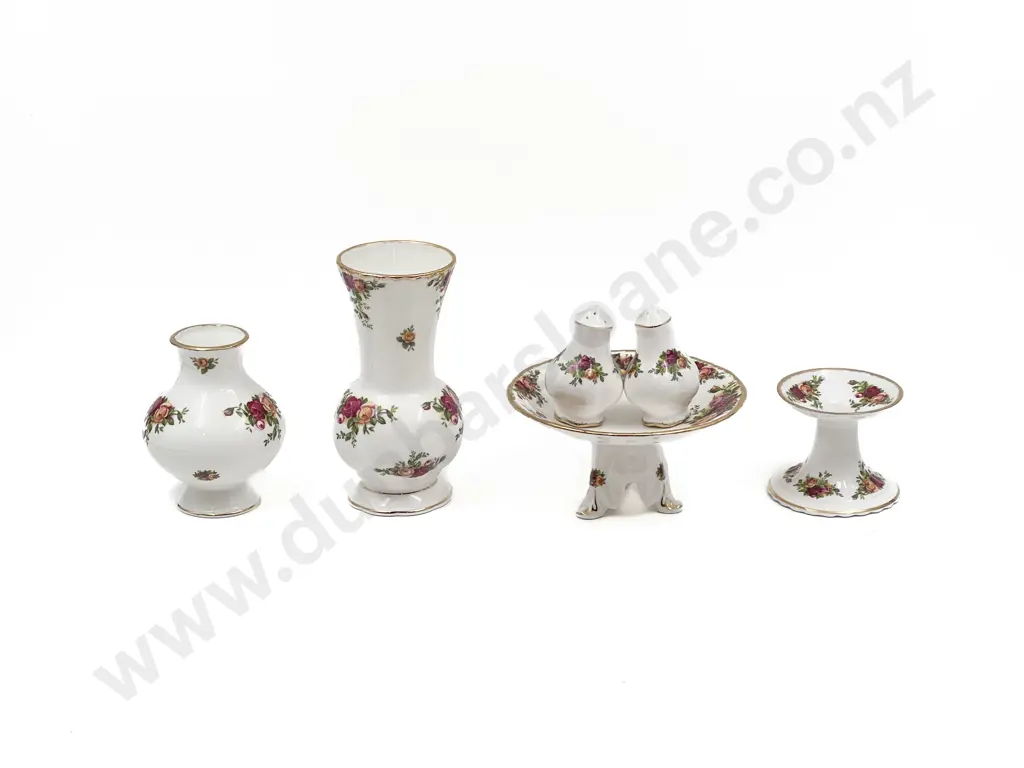 Collection of RA Old Country Roses Including Tazza S&P Two Vases and Candle Holder Image 1++