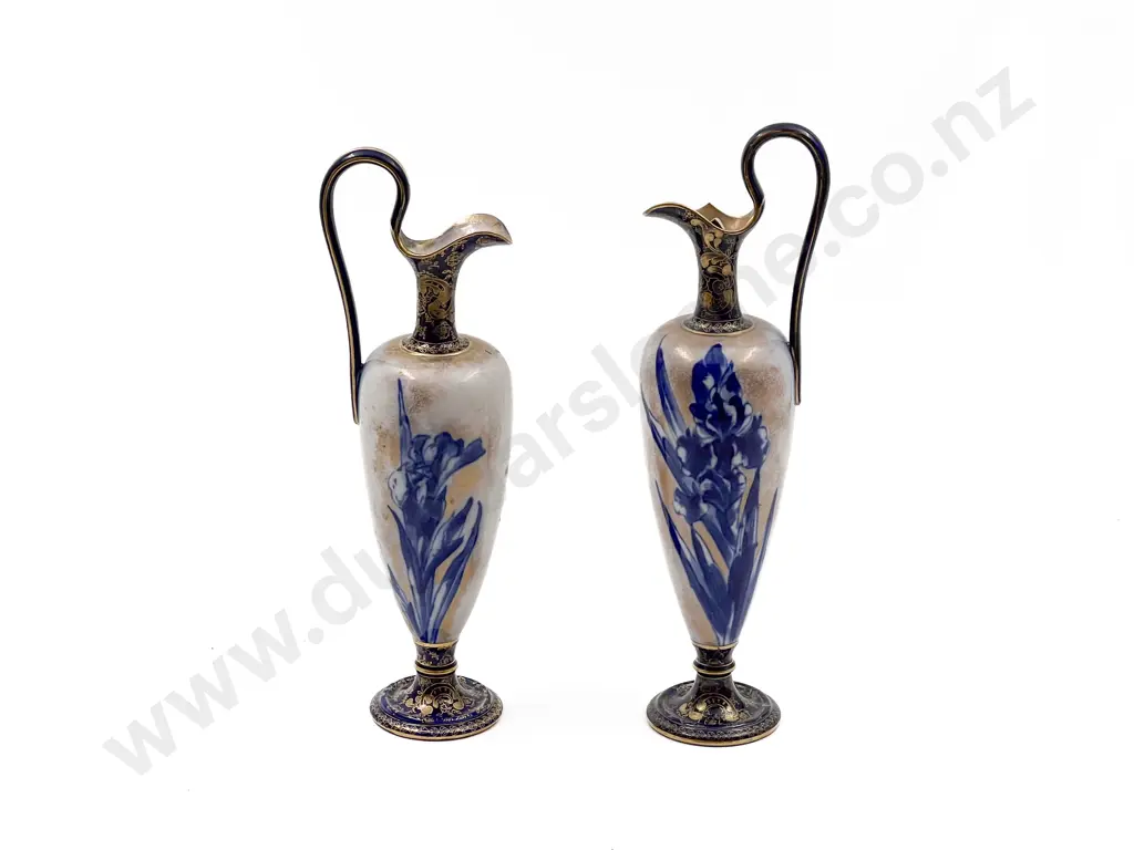 Pair Doulton Burslem Blue and White Gilt Botanical Series Ewers Image 1++