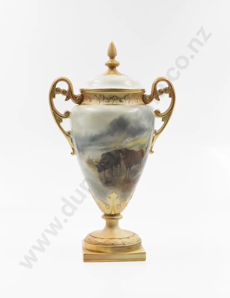 Royal Worcester Ovoid Scroll Handled Vase and Cover Image 1++