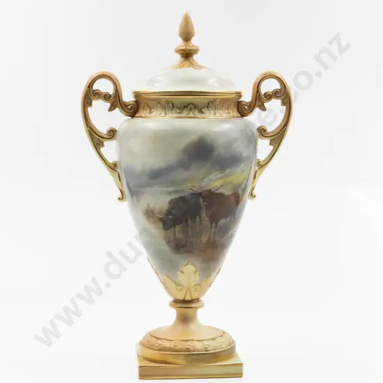 Royal Worcester Ovoid Scroll Handled Vase and Cover