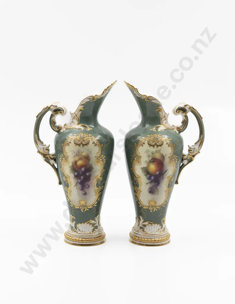 Pair Royal Worcester Inverted Baluster Rococo Scroll Handled Ewers Image 1++