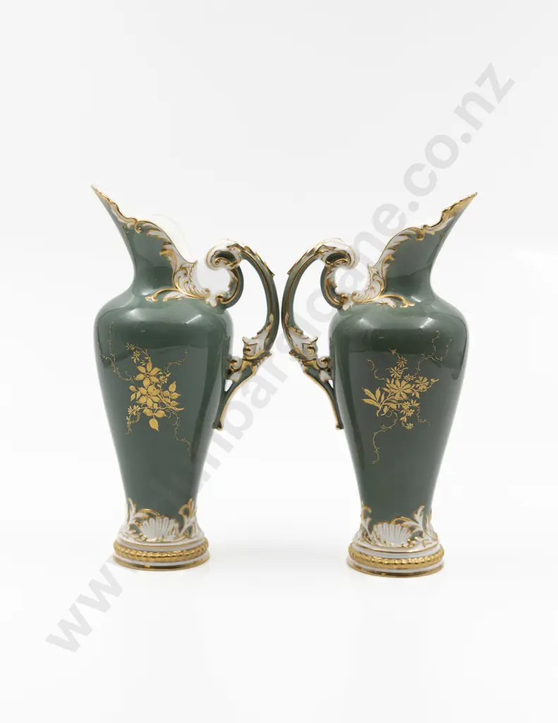 Pair Royal Worcester Inverted Baluster Rococo Scroll Handled Ewers Image 1++