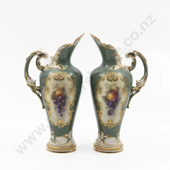 Pair Royal Worcester Inverted Baluster Rococo Scroll Handled Ewers