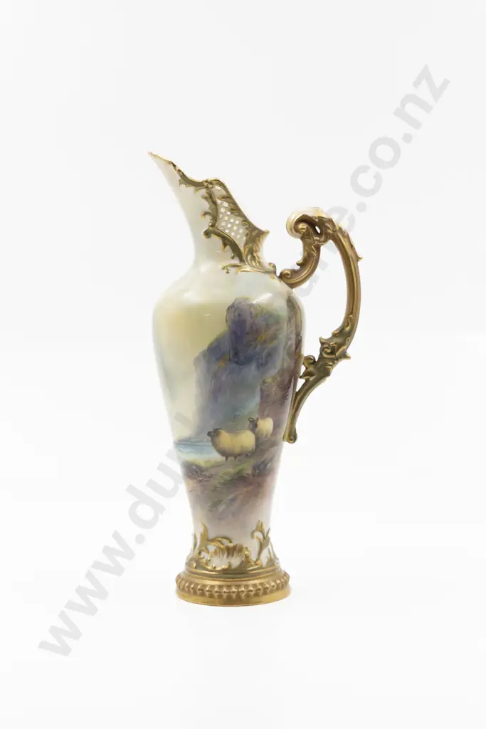 Royal Worcester Tapered Scroll Handle and Pierced Rim Ewer by Harry Davis Image 1++
