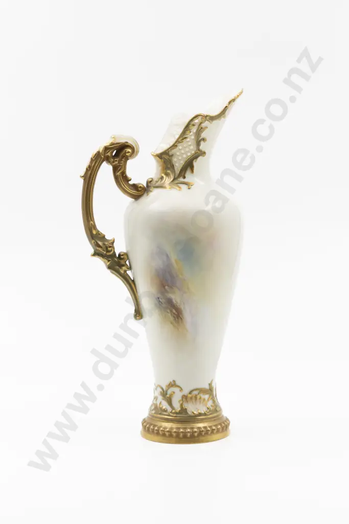 Royal Worcester Tapered Scroll Handle and Pierced Rim Ewer by Harry Davis Image 1++