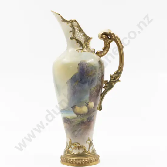 Royal Worcester Tapered Scroll Handle and Pierced Rim Ewer by Harry Davis