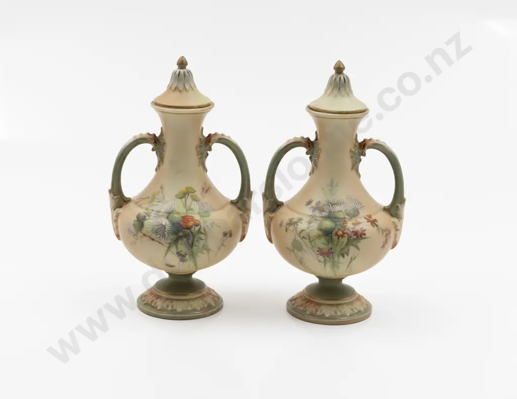 Pair Royal Worcester Compressed Circular Handled Vase and Covers Image 1++