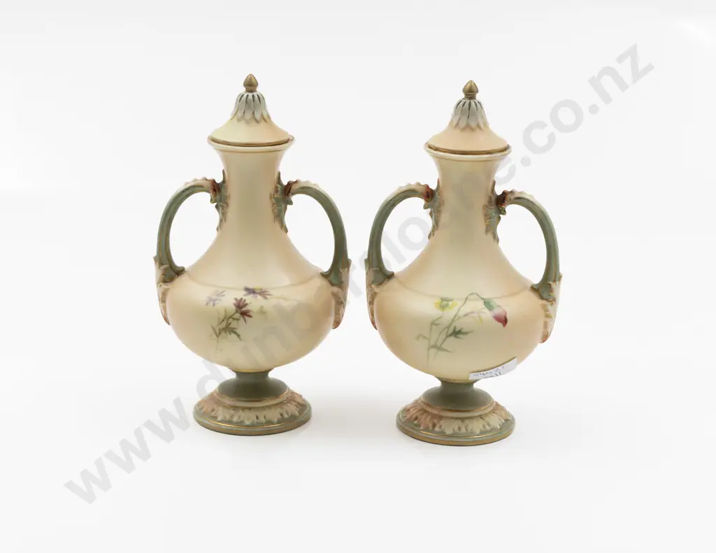 Pair Royal Worcester Compressed Circular Handled Vase and Covers Image 1++