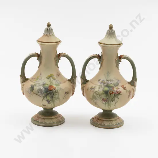 Pair Royal Worcester Compressed Circular Handled Vase and Covers