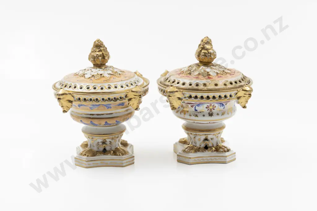 Near Pair Early C19th Derby Pot Pourri Lidded Urns Image 1++