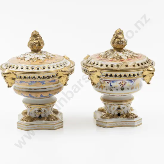Near Pair Early C19th Derby Pot Pourri Lidded Urns