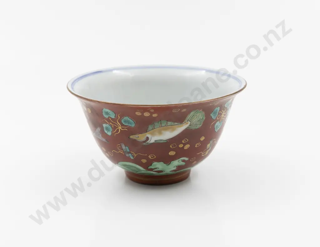Chinese Red Coral Ground Fish Pattern Bowl Image 1++