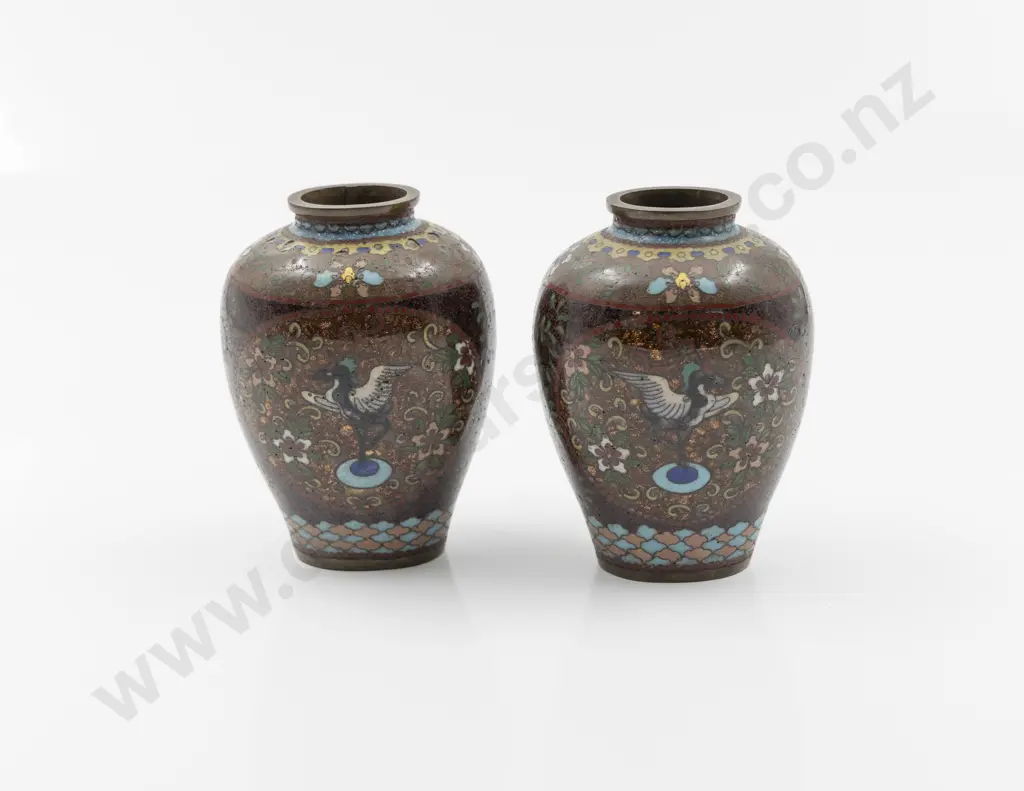 Small Pair Late C19th/Early C20th Cloisonné Vases Image 1++