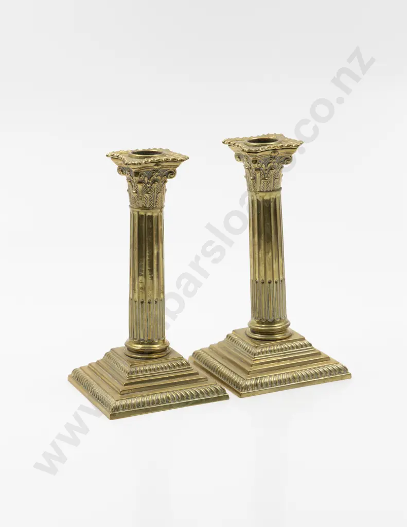 Pair Of Elegant C19th Brass Corinthian Column Candlesticks Image 1++