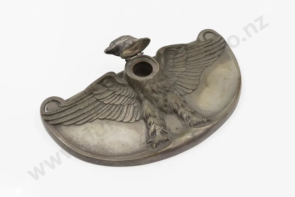 Signed Freecourt C1922 French Art Deco White Metal Spread Wing Eagle Inkwell Image 1++