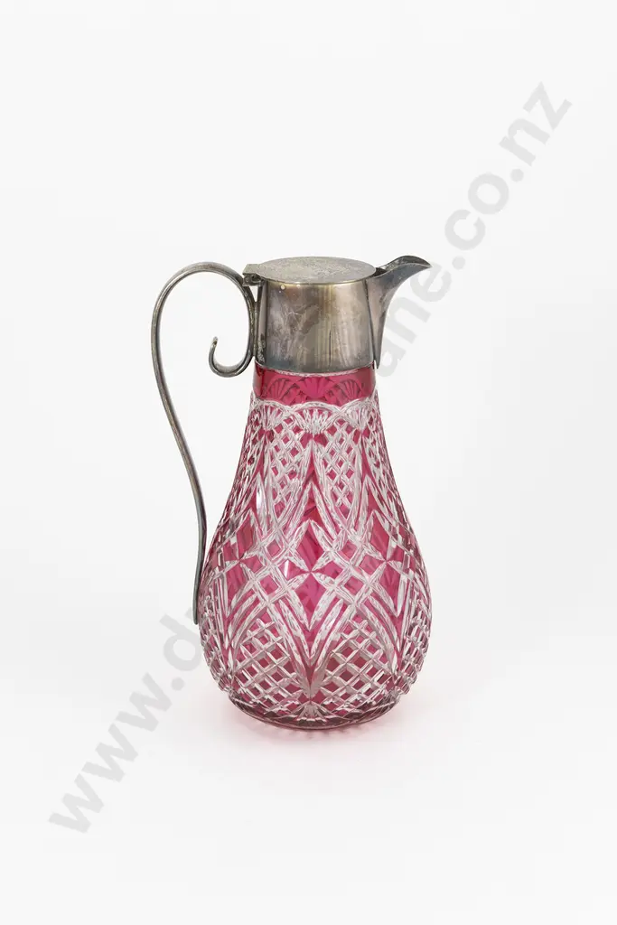 Ruby Flashed Cut Glass Claret Jug with S/Plate Handle & Mount Image 1++