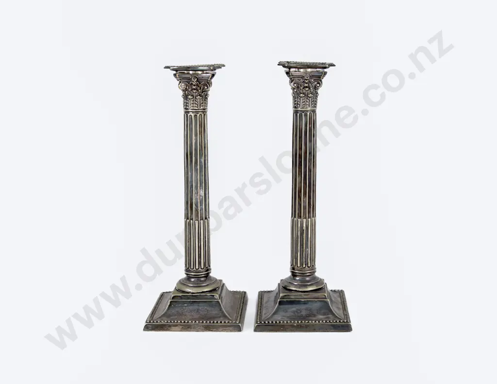 Pair Late Vict S/Plate Corinthian Column Candlesticks Image 1++