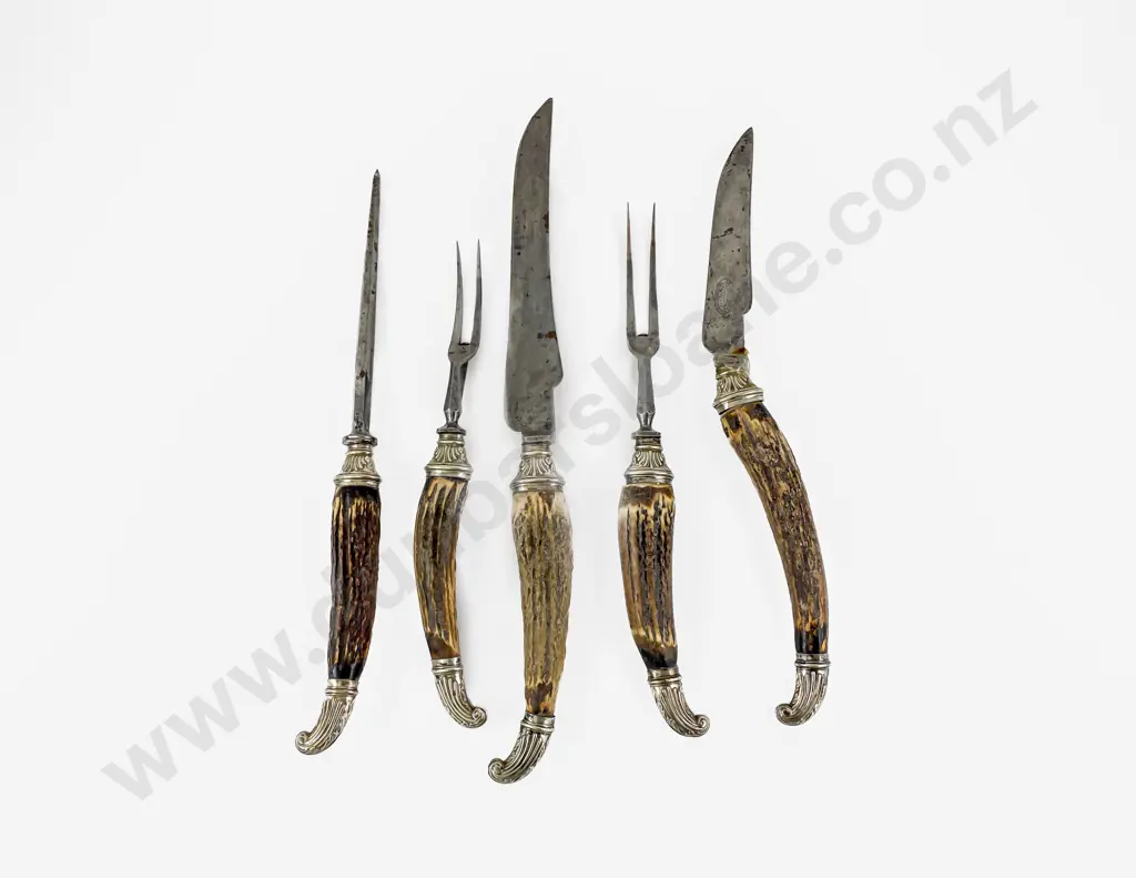 Late Vict Antler Handled 5pce Carving Set Image 1++