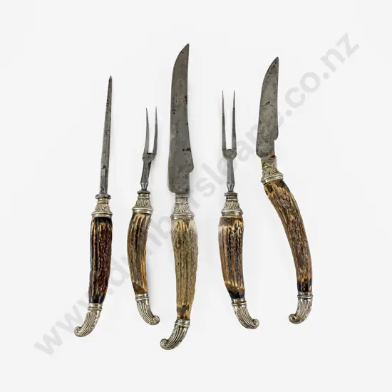 Late Vict Antler Handled 5pce Carving Set