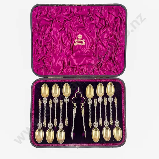 Attractive Vict Cased Set Of Twelve S/S Gilt Apostle Top Coffee Spoons & Tongs