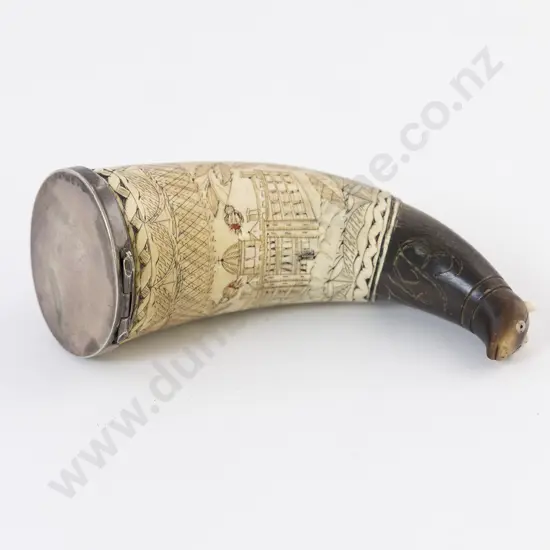 An Interesting C19th Scottish Scrimshaw Horn Snuff Mull
