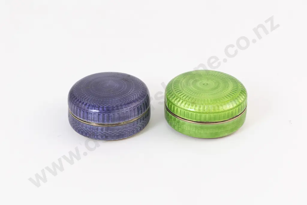 Two Geo V S/S Gilt & Guilloche Enamel Circular Vanity Boxes Image 1++