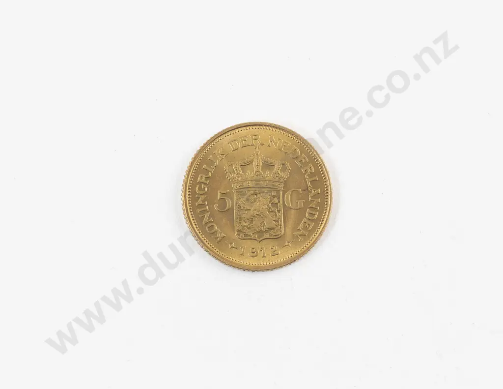 1912 Netherlands 5 Gulden Gold Coin Image 1++