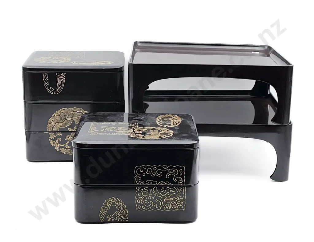 Two Lacquered-Tiered Japanese Food Containers With Two Large Trays Image 1++