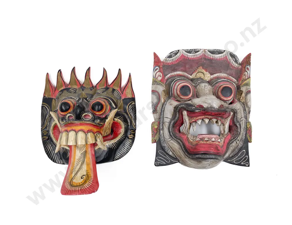 Pair of Vintage Wooden Balinese Barong Masks Image 1++