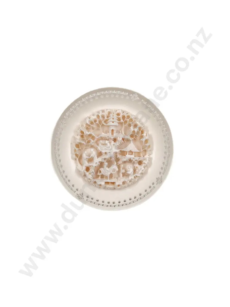 Chinese Circular Carved Ivory Plaque on Carved Ivory Plate Image 1++