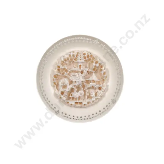Chinese Circular Carved Ivory Plaque on Carved Ivory Plate