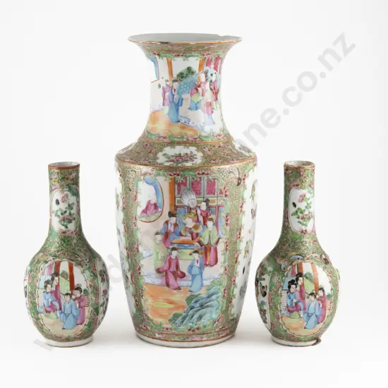 Large Canton Famile Rose Vase And A Pair Of Bottle Vases