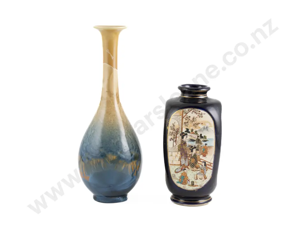 Japanese Satsuma Vase Hand Painted In Panels With Bijin And Floral Decoration Together With An Iridescent Glazed Vase Image 1++