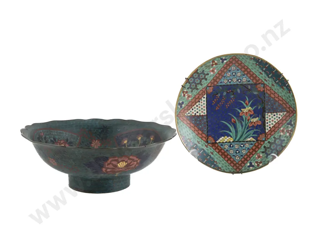 Chinese Cloisonne Bowl Decorated To The Well With A Buddhist Foo Dog Together With A Chinese Cloisonne Dish Image 1++
