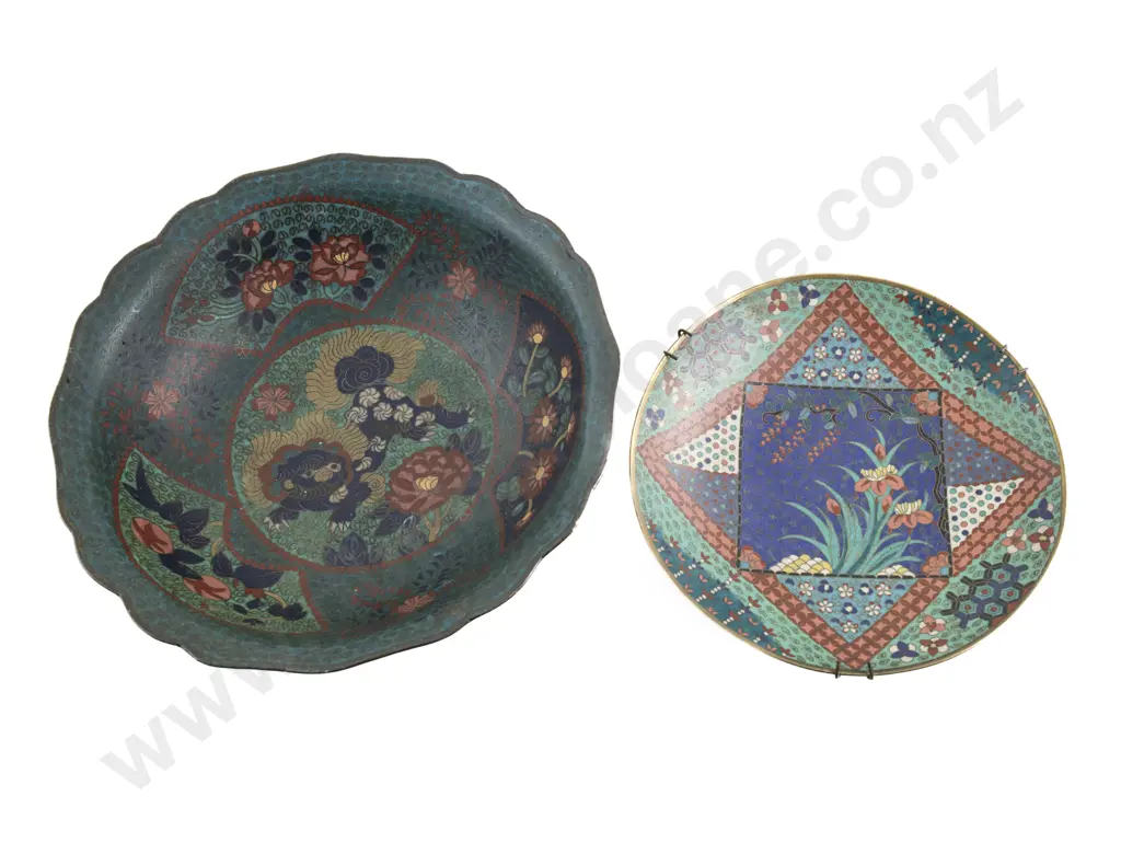 Chinese Cloisonne Bowl Decorated To The Well With A Buddhist Foo Dog Together With A Chinese Cloisonne Dish Image 1++