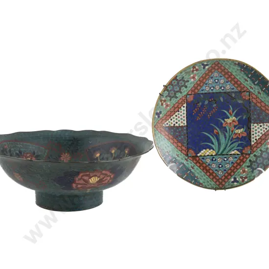 Chinese Cloisonne Bowl Decorated To The Well With A Buddhist Foo Dog Together With A Chinese Cloisonne Dish