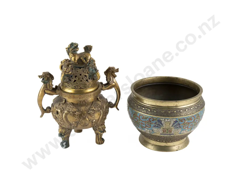 Chinese Champleve Brass And Enamel Bowl Together With A Chinese Brass Censor Image 1++