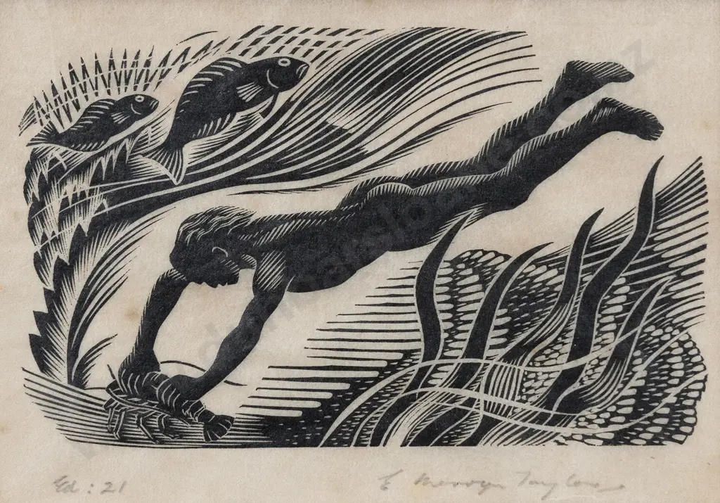 E Mervyn Taylor (1906 - 1964) - Haoratipa Diving For Crayfish Image 1++