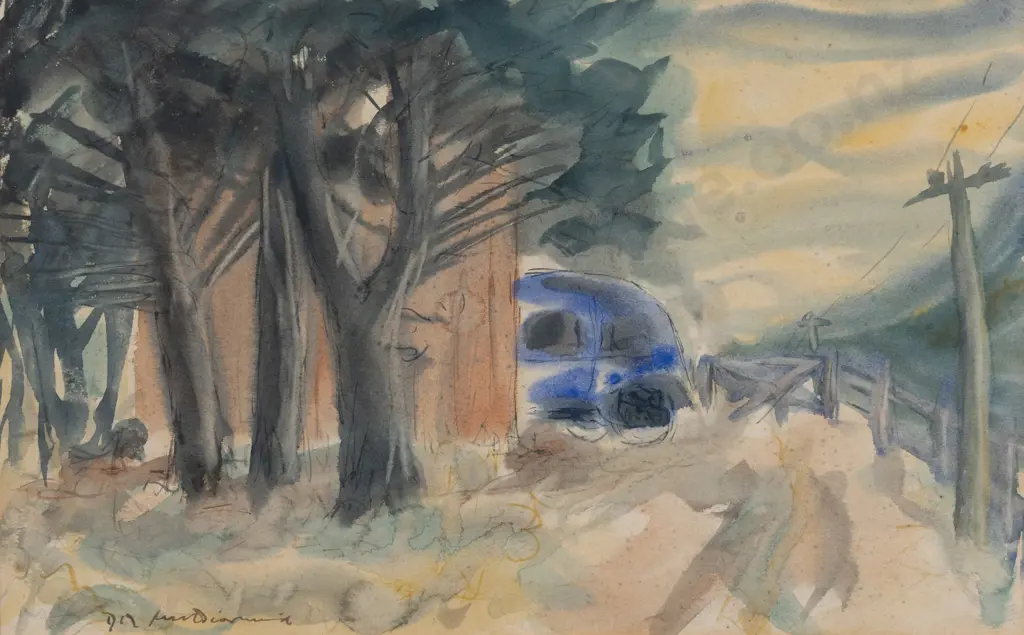 Douglas MacDiarmid (1922 - 2020) - Farm Shed & Macrocarpas Image 1++