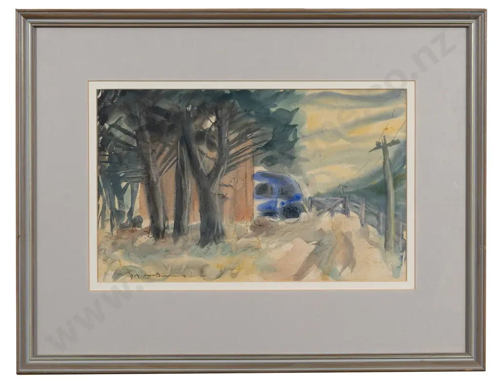 Douglas MacDiarmid (1922 - 2020) - Farm Shed & Macrocarpas Image 1++