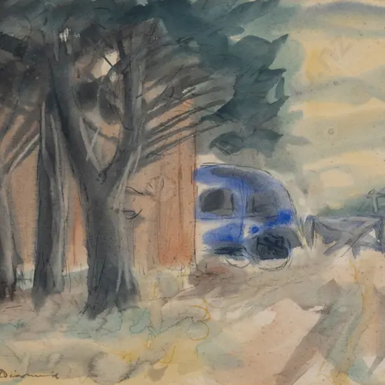 Douglas MacDiarmid (1922 - 2020) - Farm Shed & Macrocarpas