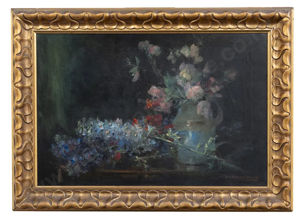 Edward Raby (1863 - 1940) - Still Life with Sweet Peas & Delphiniums Image 1++