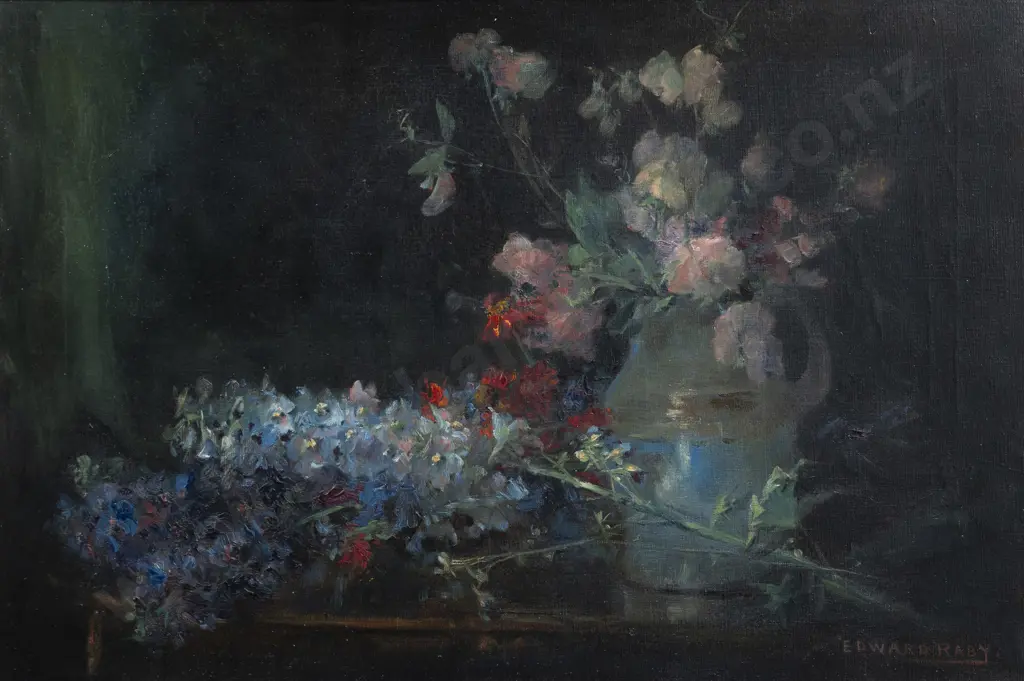 Edward Raby (1863 - 1940) - Still Life with Sweet Peas & Delphiniums Image 1++