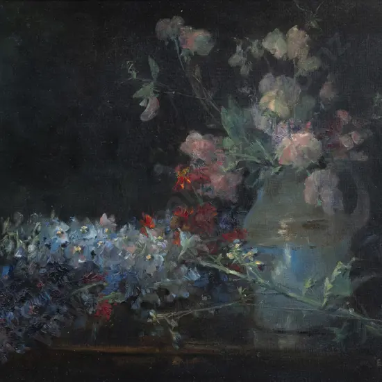 Edward Raby (1863 - 1940) - Still Life with Sweet Peas & Delphiniums