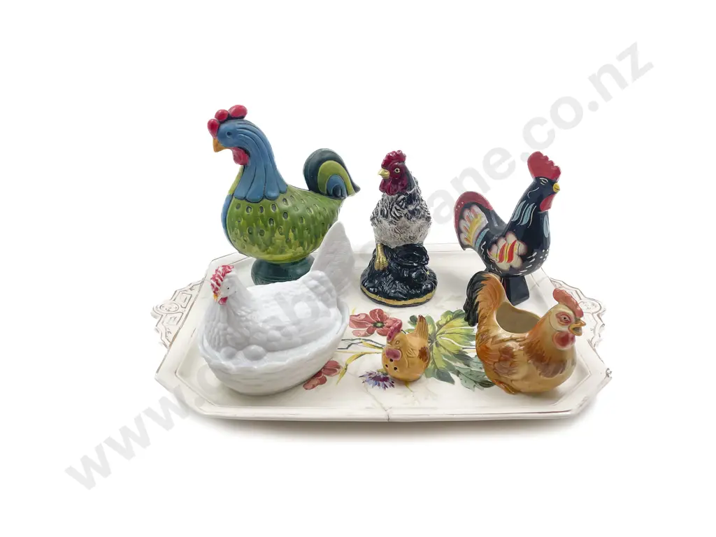 Six Assorted Ornamental Chooks on Ceramic Tray Image 1++